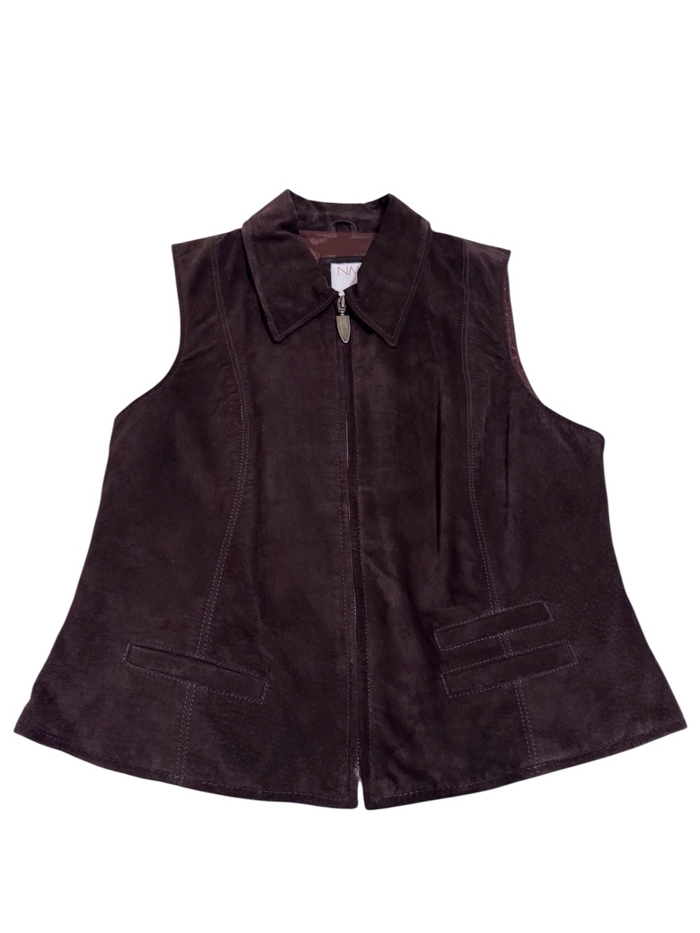 Neiman Marcus NM Essentials Vintage Chocolate Brown Leather Suede Zip Up Vest MD